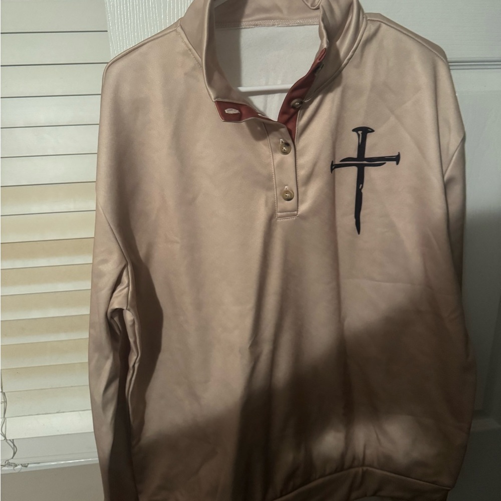 Beige Pullover with Cross Embroidery